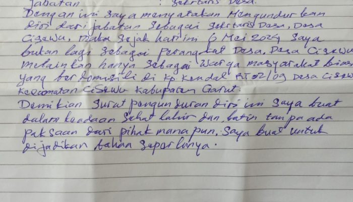Sekdes Cisewu Mundur, Surat Pengundurannya Dibuat Tulis Tangan dan Tak Disebutkan Alasannya