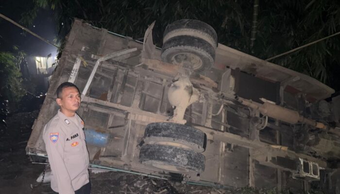As Roda Patah di Tanjakan Parungjawa, Truk Bermuatan Pupuk Terjungkal, Sopir Selamat