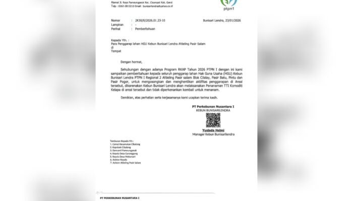 PTPN I Minta Penggarap HGU Bunisari Lendra Hentikan Aktivitas, Lahan Akan Ditanami Kelapa