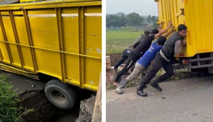 Jembatan Ambles di Cisurupan, Truk Pasir Terperosok; Mobil Box Juga Masuk Parit di Pasirwangi